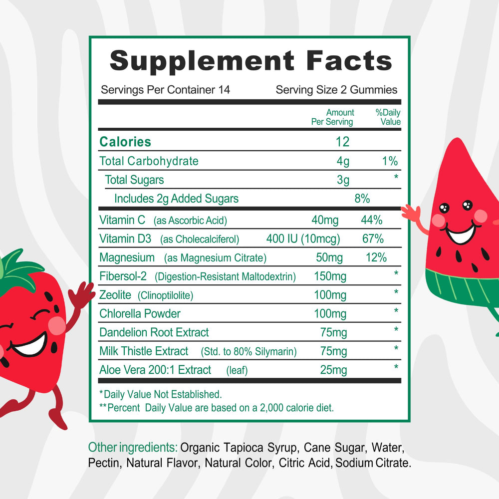 Close-up of Monty Zeolite Detox kids gummies in strawberry watermelon flavor
