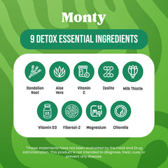 Back of Monty Detox packaging highlighting ingredients and usage