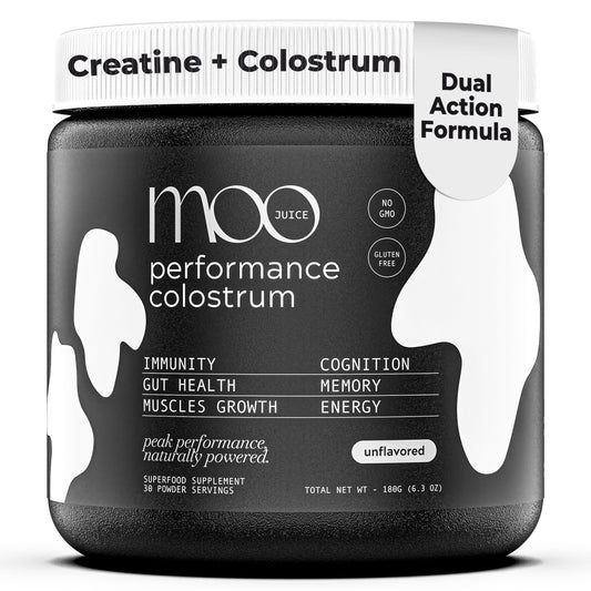 Moo Juice Colostrum Powder bottle shows premium grass-fed formula for daily vitality.