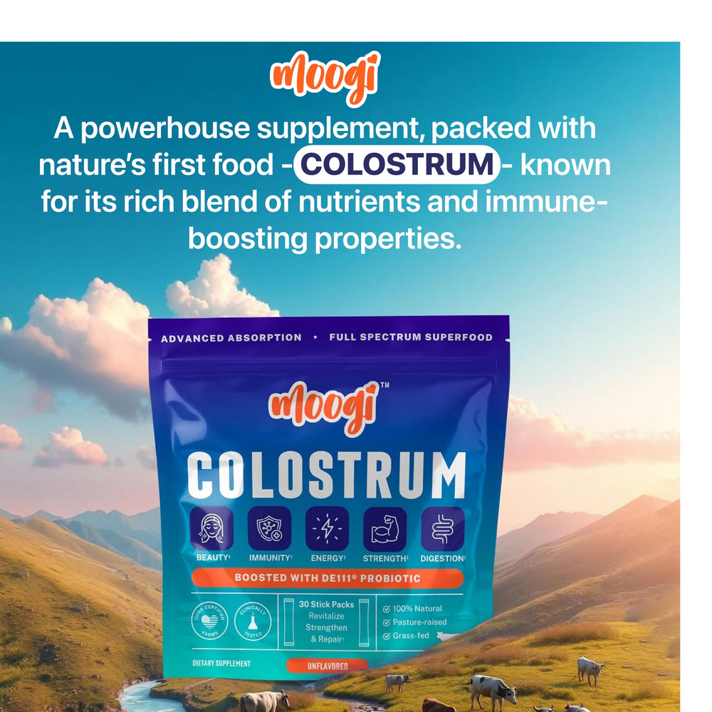 Moogi colostrum with DE111 probiotic in a glass for easy mixing.