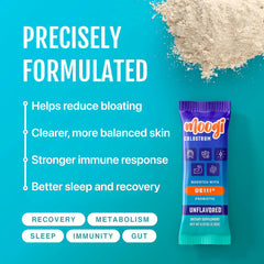Moogi unflavored powder dissolving in water for customizable drinks.