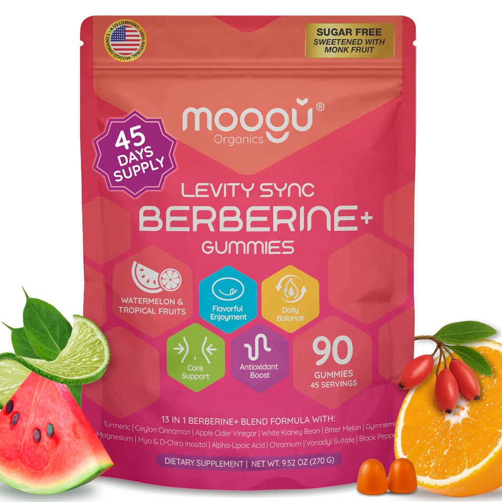 Moogu Organics Berberine Mega Formula Gummies bottle showcases advanced DHB for improved absorption.