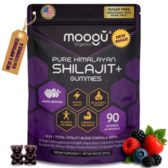 Moogu Organics Shilajit Gummies bottle promotes daily energy support (vegan, sugar-free).