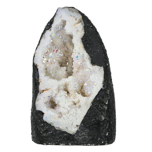 Mookaitedecor Angel Aura Quartz geode under sun enhances iridescent display