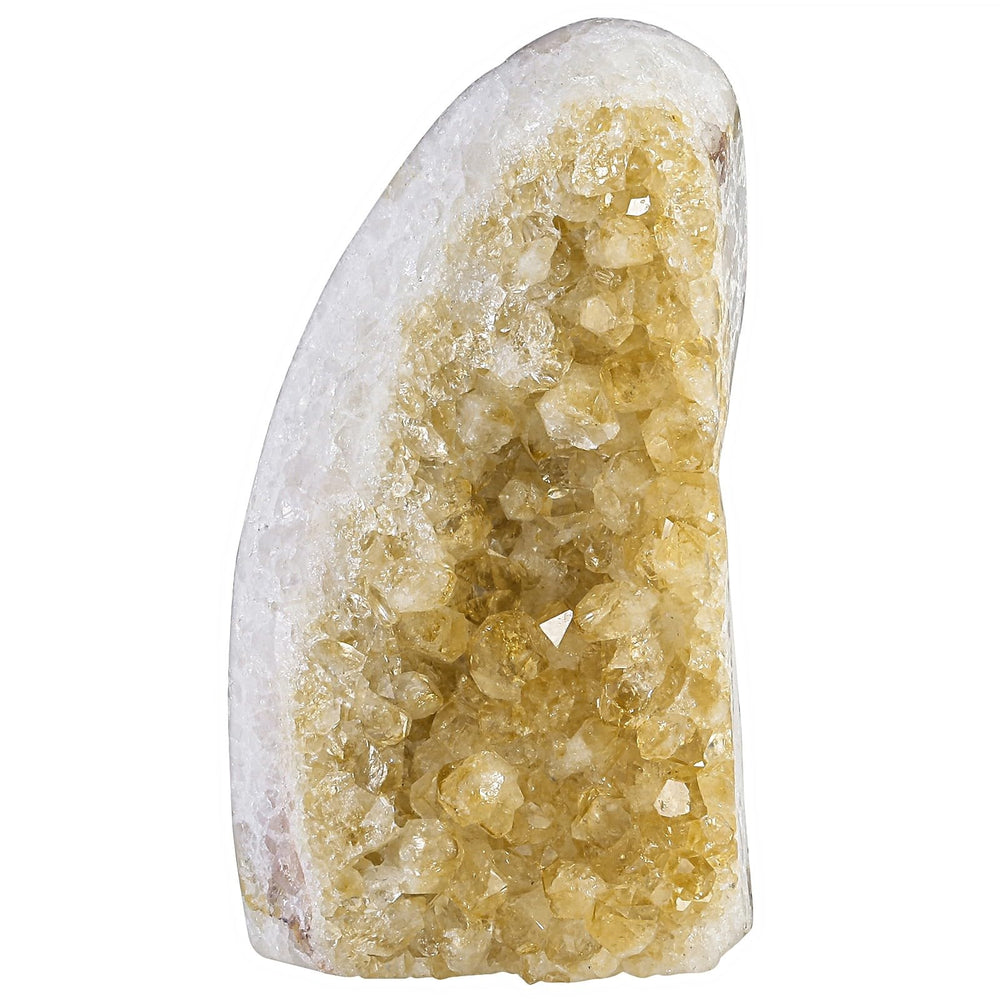 Mookaitedecor citrine crystal cluster geode with self-standing display on a table.