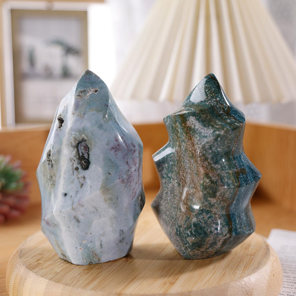 Mookaitedecor Ocean Jasper Flame Tower carving adds dynamic flame silhouette to decor.