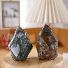 mookaitedecor Ocean Jasper Flame Tower base detail with polished finish.