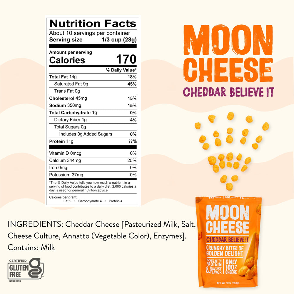 Moon Cheese Cheddar Believe It 2-pack on pantry shelf, convenient snack option.