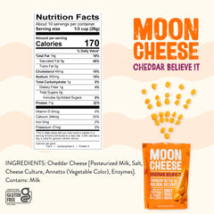 Moon Cheese Cheddar Believe It 2-pack on pantry shelf, convenient snack option.