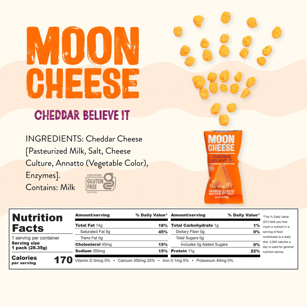 Moon Cheese Cheddar Believe It on-the-go pack—great for road trips.
