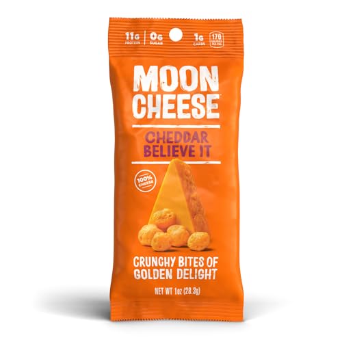 Moon Cheese Cheddar Believe It pack 12—protein-rich cheddar bites for lunchboxes.