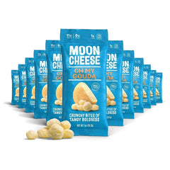 Moon Cheese Oh My Gouda bites close-up showing crispy texture for snacking
