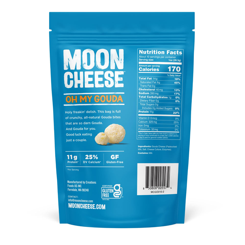 Moon Cheese Oh My Gouda Bites crispy texture highlighting crunchy, protein-rich snack.