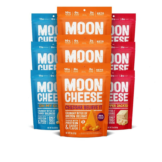 Moon Cheese Variety Pack: three flavors in one bag for on-the-go protein.
