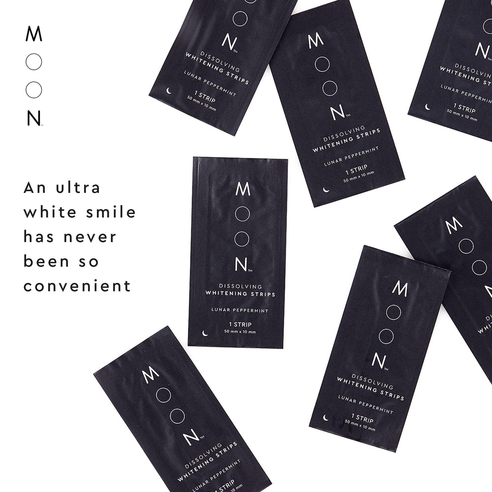 MOON packaging open with a resealable pouch for 56 strips.