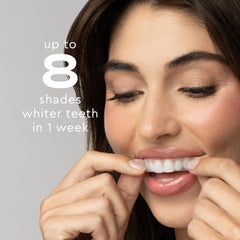 MOON strips in use demonstrating ten-minute whitening with no rinsing