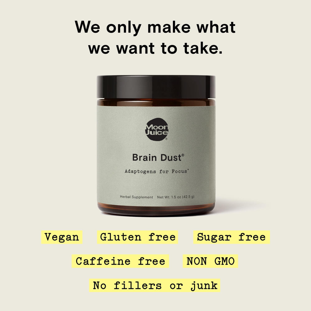 Moon Juice Brain Dust label close-up highlights adaptogenic ingredients.