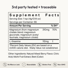 Ingredients list emphasizes bioavailable magnesium and L-theanine