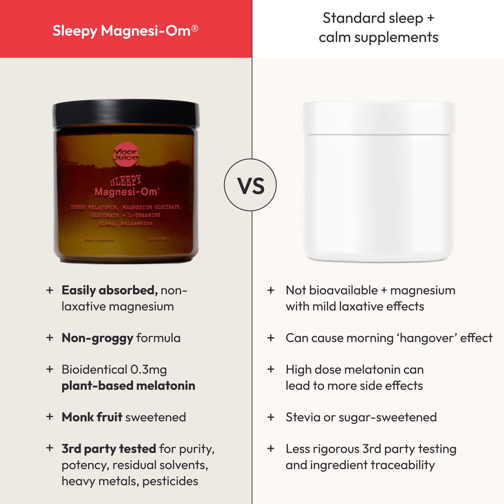 Moon Juice Sleepy Magnesi-Om bottle shown on nightstand signals easy nightly use