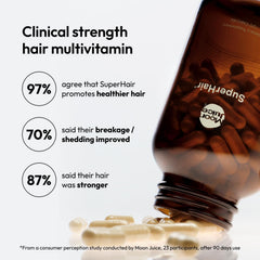 Moon Juice SuperHair bottle and label emphasize comprehensive nutrition for follicle support.