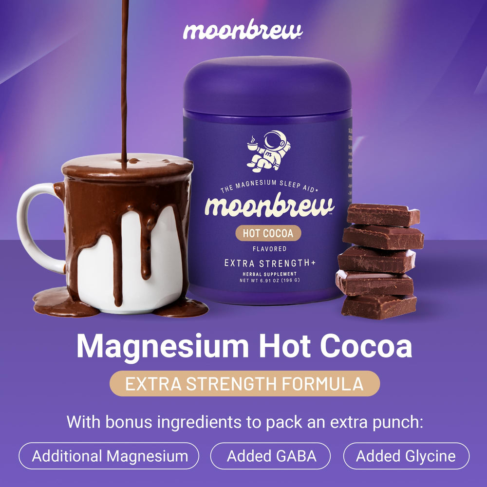 MoonBrew hot cocoa in a steaming mug ready for a cozy night routine.