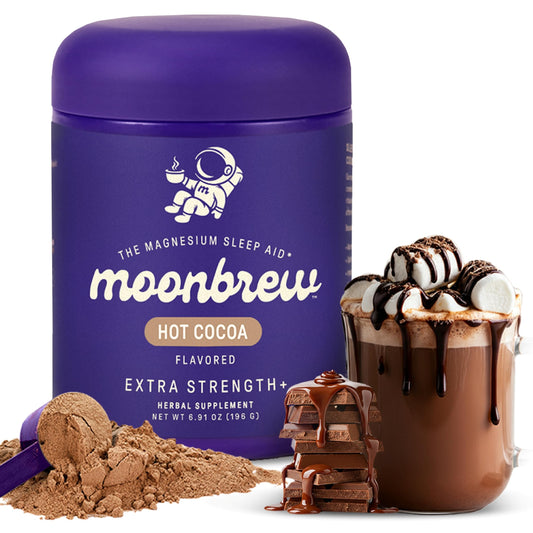 MoonBrew Nighttime extra-strength magnesium hot cocoa jar front for a calming evening ritual.