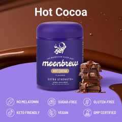 MoonBrew sugar-free vegan keto-friendly badge on cocoa packaging.