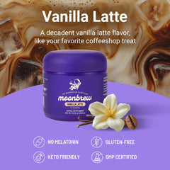 MoonBrew Vanilla Latte powder on desk signals a quick nightly mix.