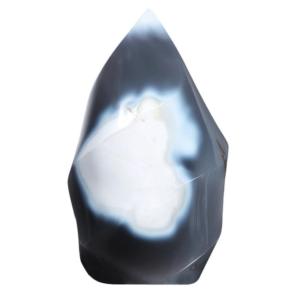 Moonsix orca agate flame tower on meditation altar enhances focus and energy.