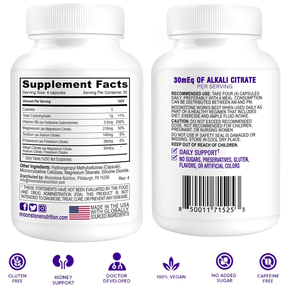 Moonstone alkali citrate formula capsules help support urine pH balance during daily use.
