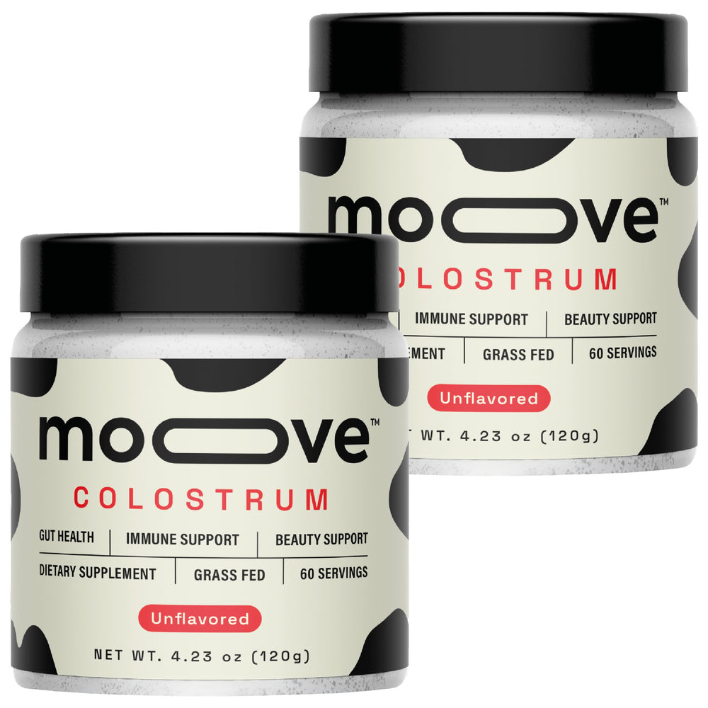 MOOVE bovine colostrum powder bottle ready for daily wellness support