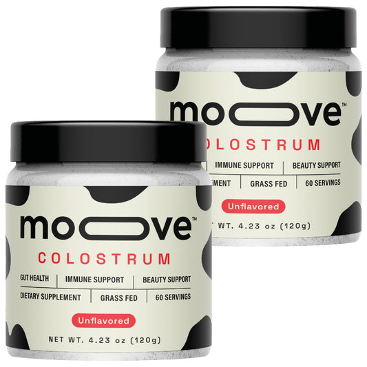 MOOVE bovine colostrum powder bottle ready for daily wellness support