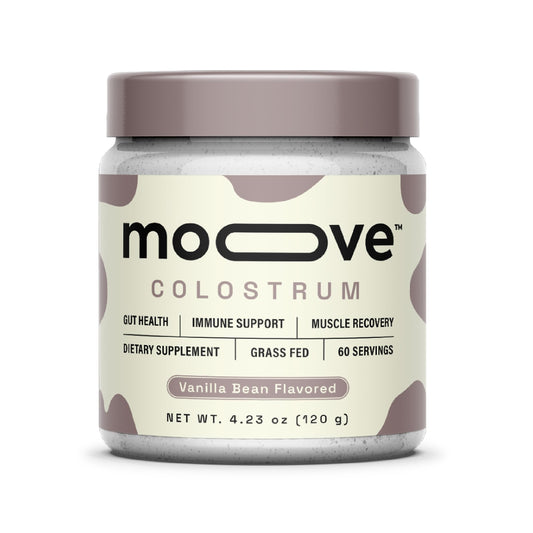 MOOVE Bovine Colostrum Powder Vanilla Bean in a jar for smoothies and daily energy.