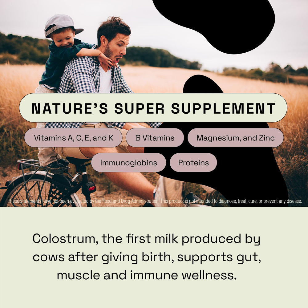 MOOVE Grass-fed Dutch cows colostrum bottle shown alongside simple nutrition for daily use.