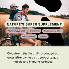 MOOVE Grass-fed Dutch cows colostrum bottle shown alongside simple nutrition for daily use.