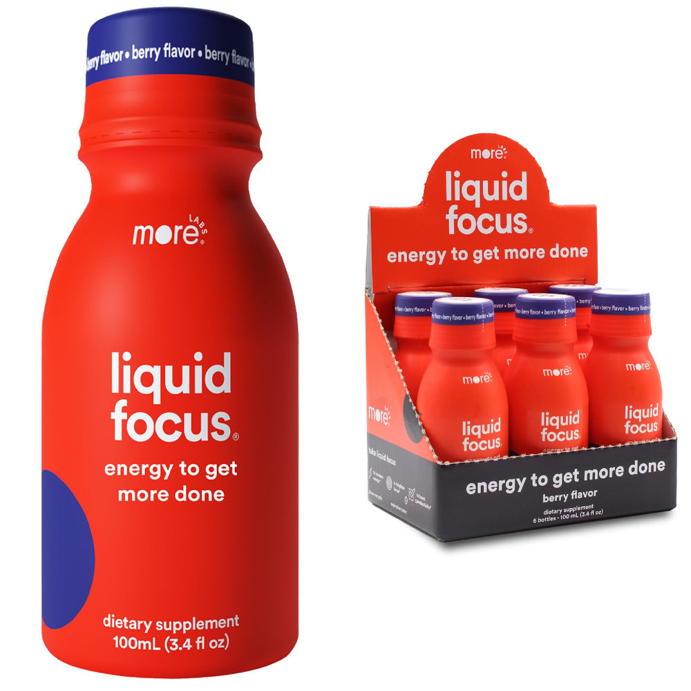 More Labs Liquid Focus bottle front view for focused energy at work or study.