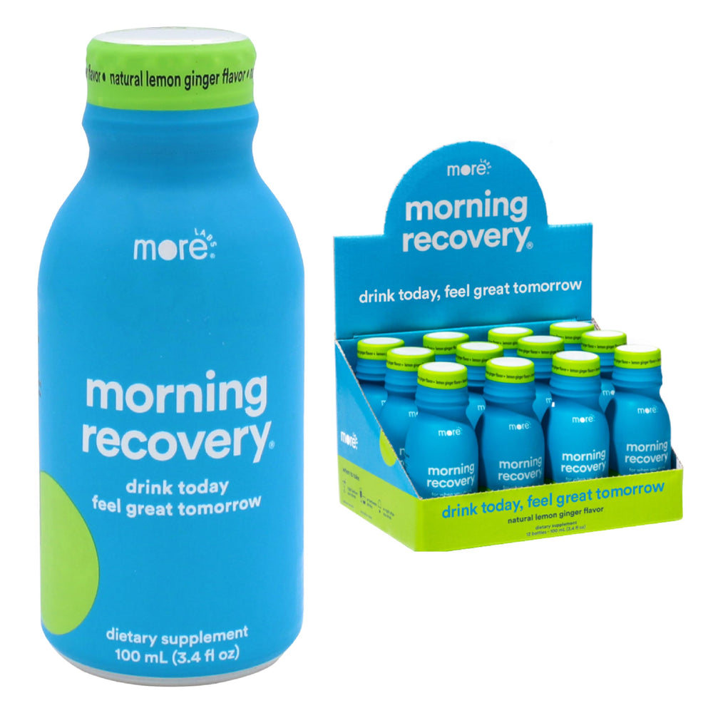 More Labs Morning Recovery bottle front shows hydration support after drinking.