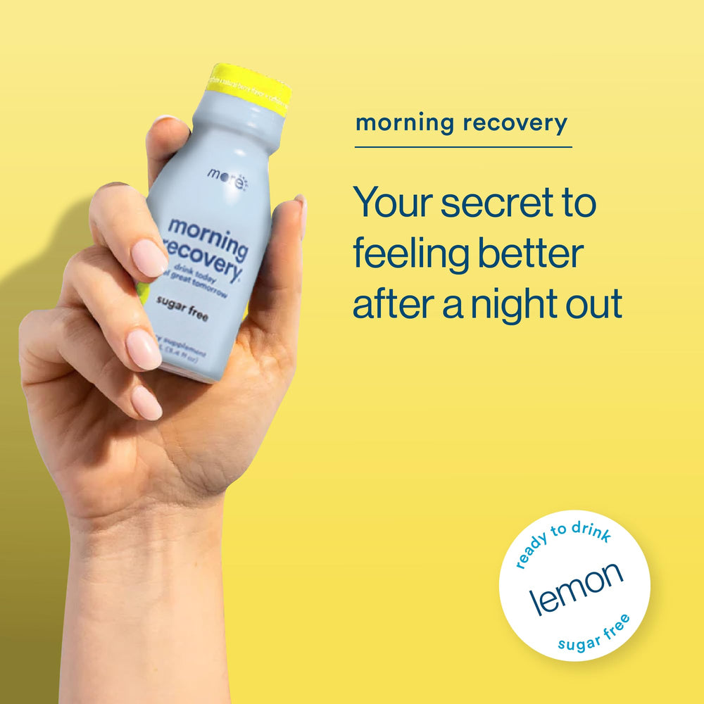 More Labs Morning Recovery lemon pack supports on-the-go hydration for parties and travel.