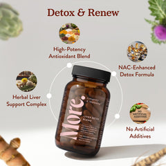 More. Liver Cleanse bottle being poured for a daily dose.
