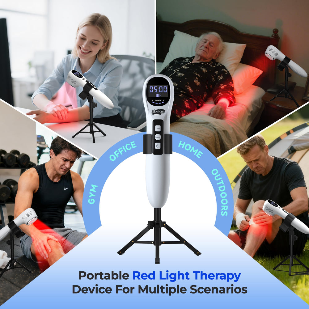Morfone wireless red light therapy device shown for portable use.