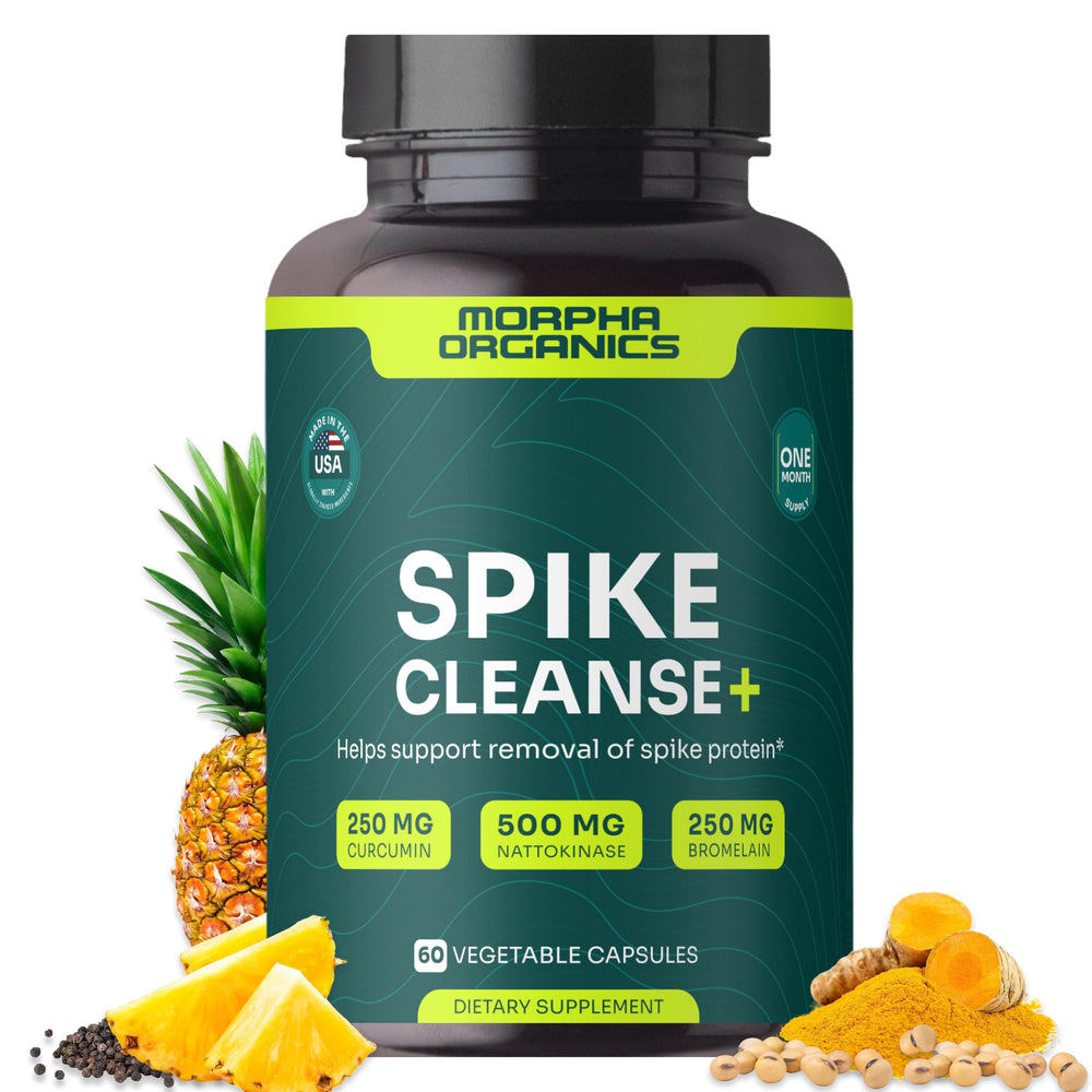 Morpha Organics Spike Cleanse bottle shown for daily detox support and wellness routine.