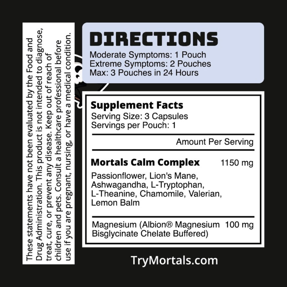 Mortals Mental Balance capsules closeup showing Ashwagandha and L-Theanine for relaxation and focus.