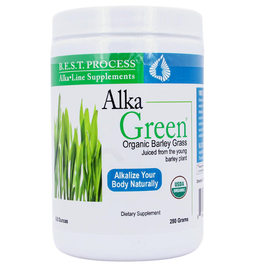 Morter HealthSystem AlkaGreen Powder tub with scoop, rich in organic barley grass.
