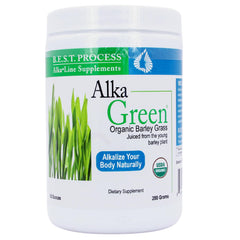 Morter HealthSystem AlkaGreen Powder tub with scoop, rich in organic barley grass.