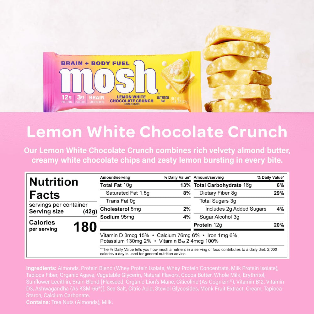 MOSH Lemon White Chocolate Keto Bar unwrapped, ready for a brain-friendly snack.