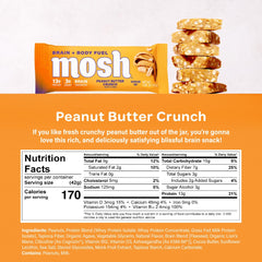 Close-up of MOSH Peanut Butter Crunch bar emphasizing crunchy texture and fiber content