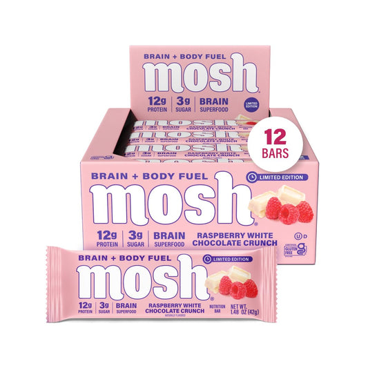 MOSH Raspberry White Chocolate Crunch packaging showcases keto-friendly, high-protein snack