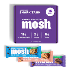 MOSH Variety Pack box front showing convenient brain-friendly snack for busy days