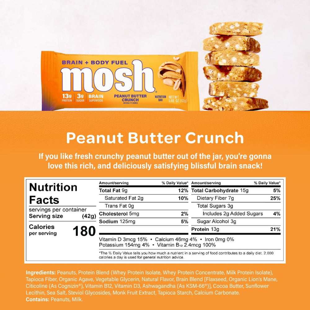MOSH keto bars label info highlights Cognizin and vegan, low-sugar nutrition.