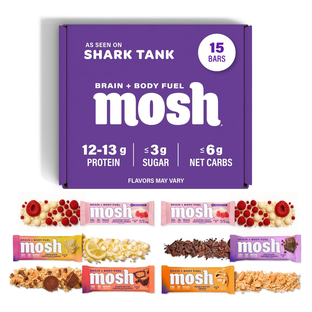 MOSH variety pack keto bars packaging showcases gluten-free, high-protein snacking options.